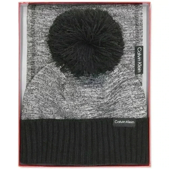 Calvin Klein Women's 2-Pc. Sweater Fleece Hat & Scarf Gift Set, Heather Charcoal - Picture 1 of 2